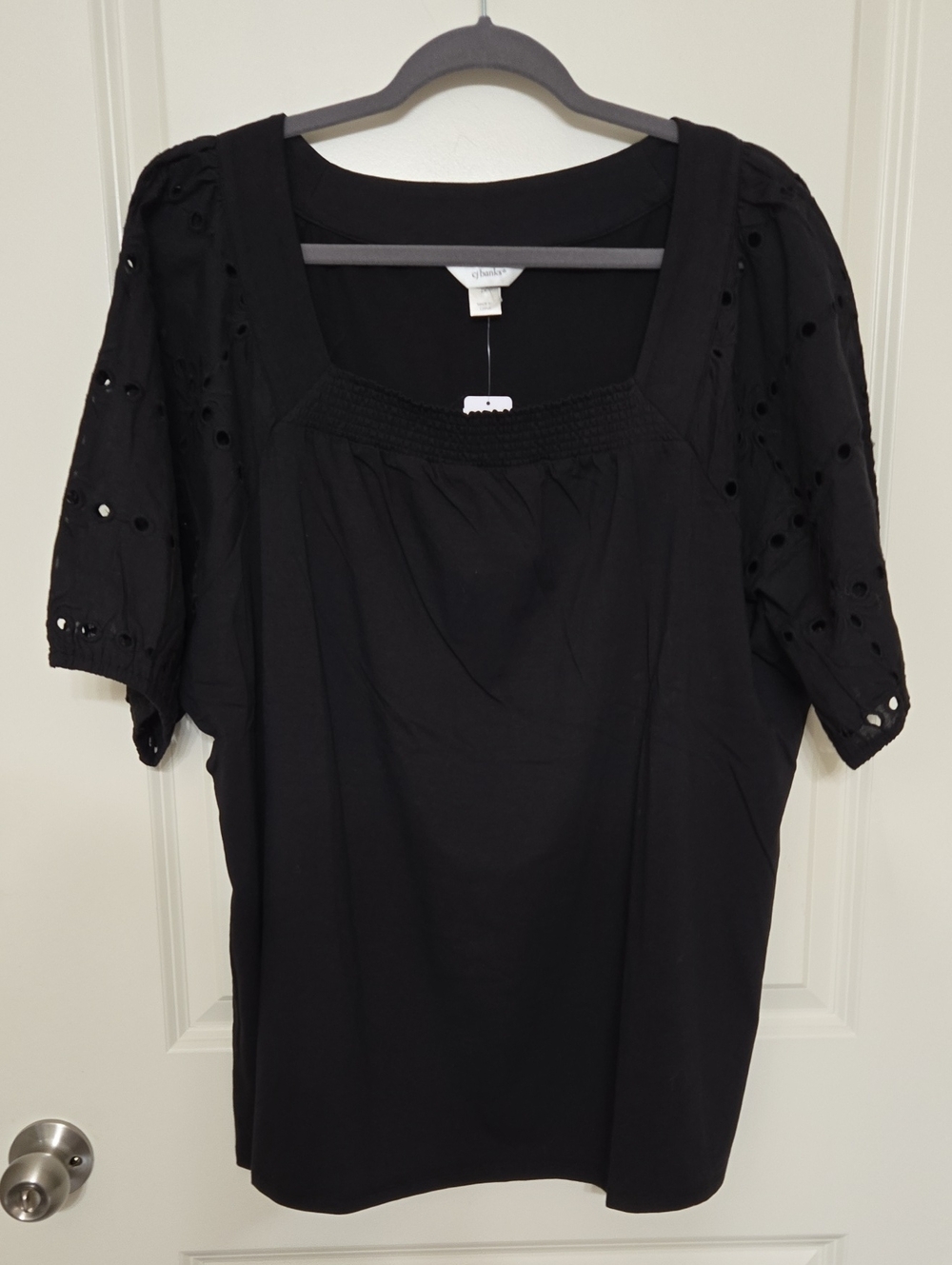 CJ Banks Black Square-Neck Eyelet Sleeve Blouse